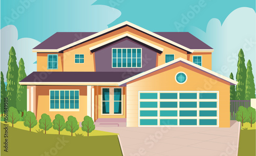 Colorful illustration of a two-story house in a suburban setting