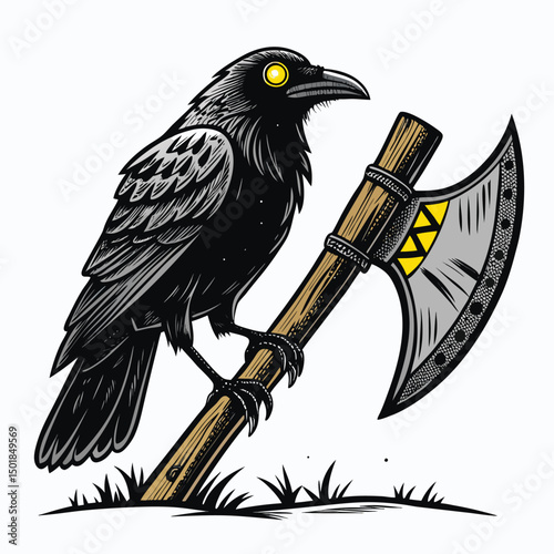 A crow with intensely glowing eyes perched on the weathered wooden handle of an axe, dark and moody atmosphere.  VI.