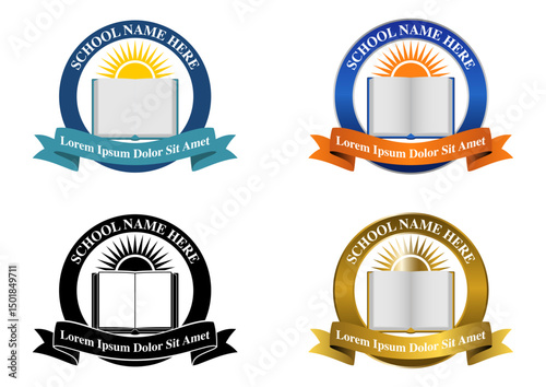 School logo badge template, vector design with book and sun icons