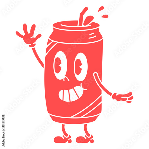 Red soda can with eyes and a hand waving