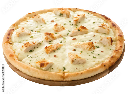 Chicken alfredo pizza png creamy chicken pizza png white sauce pizza png Italian fusion pizza png gourmet fast food png cheesy chicken flatbread png transparent background image