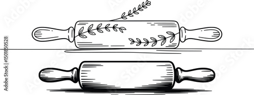 Decorative Rolling Pins with Leaf Engraving Line Art Illustration
