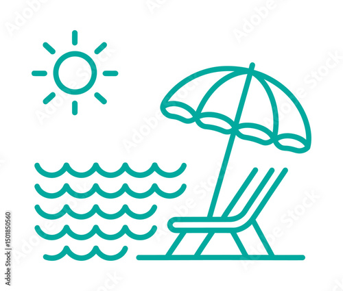 Summer vacation icon beach chair umbrella sun ocean waves turquoise line art