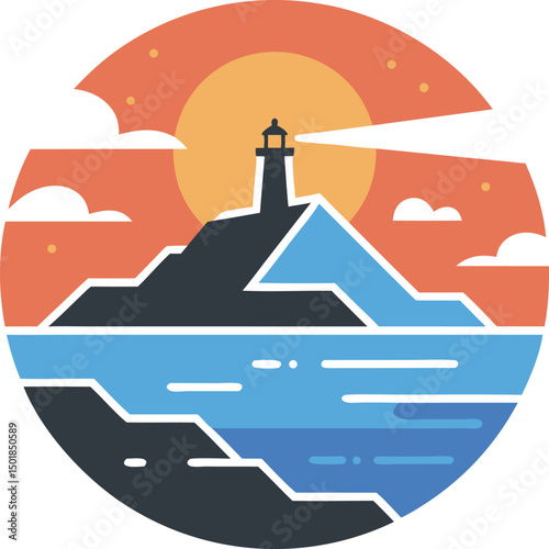 Lighthouse perched atop a rugged cliff, illuminated by a warm sunset