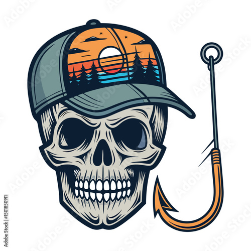 A weathered fisherman's skull, adorned with a rusty fishing hook, rests on a lakeshore at sunset; dramatic lighting, detailed texture.