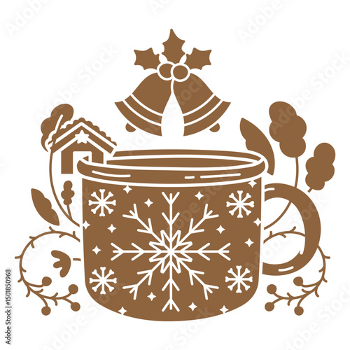 Cup of hot cocoa with bells and snowflakes