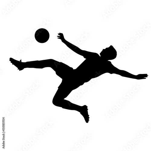 Silhouette of a soccer player performing an acrobatic bicycle kick in mid-air, demonstrating agility and athletic skill, with the ball prominently positioned, isolated on white.