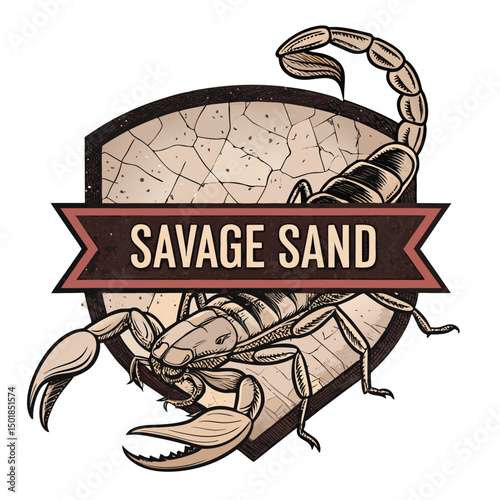 A close-up of a desert scorpion meticulously crawling across a cracked, weathered sheriff's badge lying in the sand.