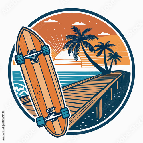Design a vibrant emblem for a beach longboarding holiday, featuring a longboard, stylized waves, and a sun.  Bohemian style.