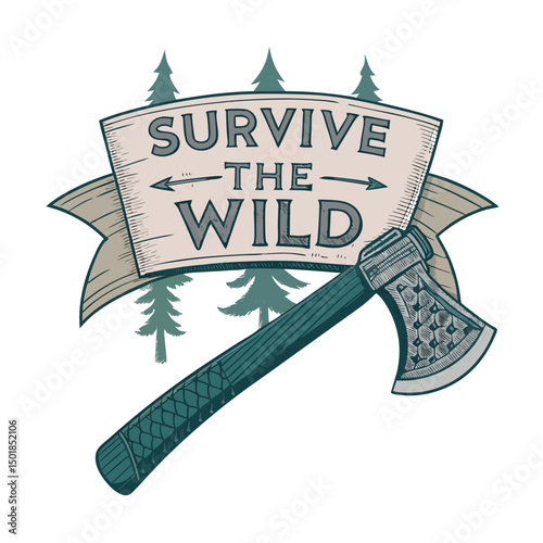 Design a forest axe emblem, incorporating rugged wilderness elements, with a "Survive the Wild" banner underneath.  Emphasis on survival and nature.