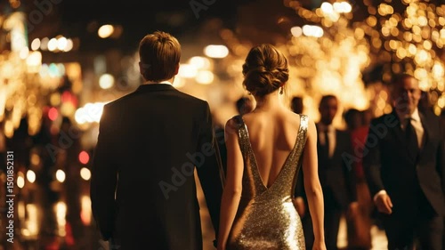 Man in dark suit and woman in shimmering backless gown enter festive night venue with glowing lights and elegant crowd, concept of luxury celebration and romantic sophistication