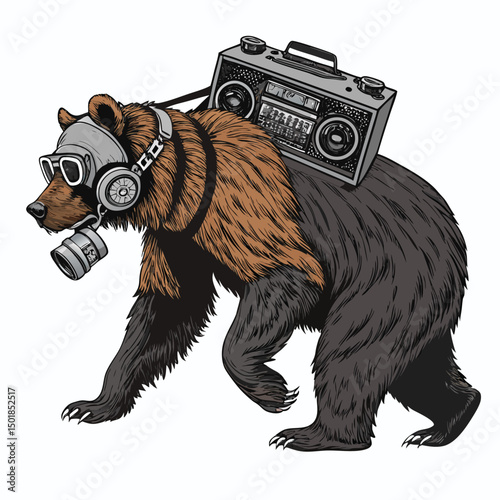 A grizzly bear, wearing a vintage gas mask, confidently strides, boombox held high, amidst a post-apocalyptic urban scene.