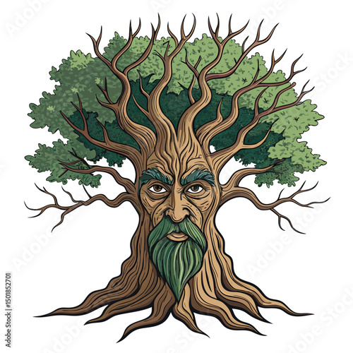 A detailed illustration of an ancient, gnarled tree, its bark deeply cracked to reveal a weathered, expressive face within the crevice.  Focus on texture and detail.