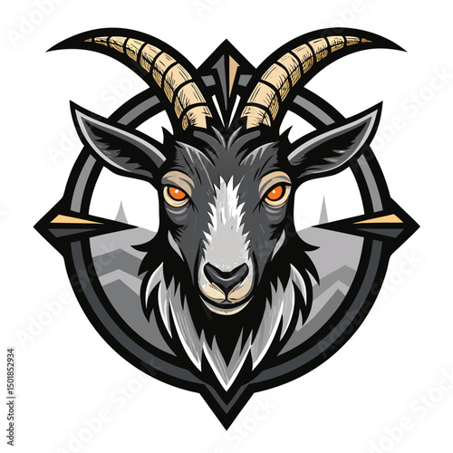 A majestic goat with luminous, glowing eyes and intricately patterned horns resembling rock formations.  Rendered in high detail.