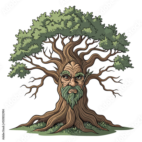 A detailed painting of an ancient, gnarled tree with a weathered, face-like carving within its deeply cracked, textured bark.