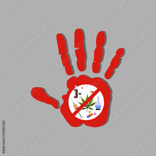 Vector illustration of International Day Against Drug Abuse poster.Pill bottle icon, hard drugs, syringe icon. Drug prohibition symbol.