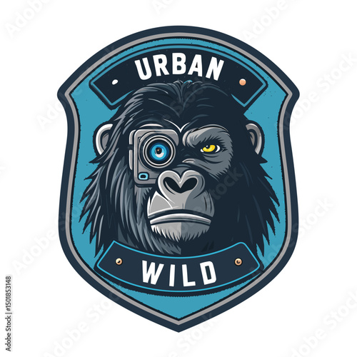 A close-up of a gorilla's head, one eye replaced with a complex mechanical eye, set against a gritty urban backdrop.  The frame emphasizes the contrast between nature and technology.