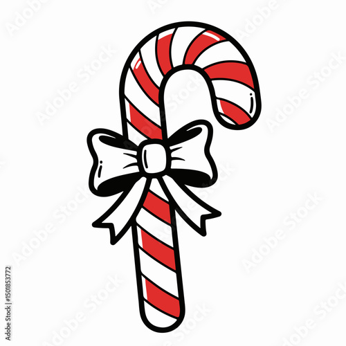 Christmas candy cane with white ribbon bow. Festive candy cane perfect for winter holidays. Sweet candy cane decoration for Christmas cards and gift wrapping. This candy cane design is ideal for festi