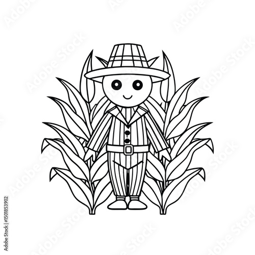Scarecrow in a Cornfield Kids Coloring Page Vector