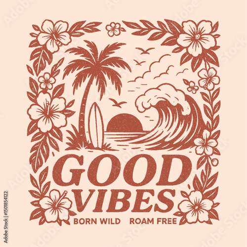 summer graphics print artwork. Hawwaii beach vibes print design. palm tree big waves t-shirt design. ride the waves slogan. mens graphic design. beach tee for sea vibes.
