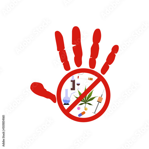 Vector illustration of International Day Against Drug Abuse poster.Pill bottle icon, hard drugs, syringe icon. Drug prohibition symbol.