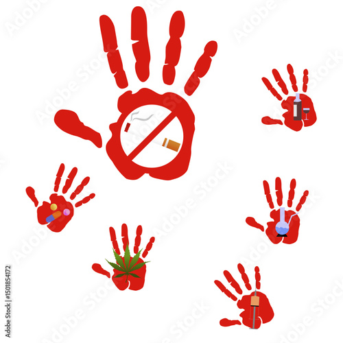 Vector illustration of International Day Against Drug Abuse poster.Pill bottle icon, hard drugs, syringe icon. Drug prohibition symbol.