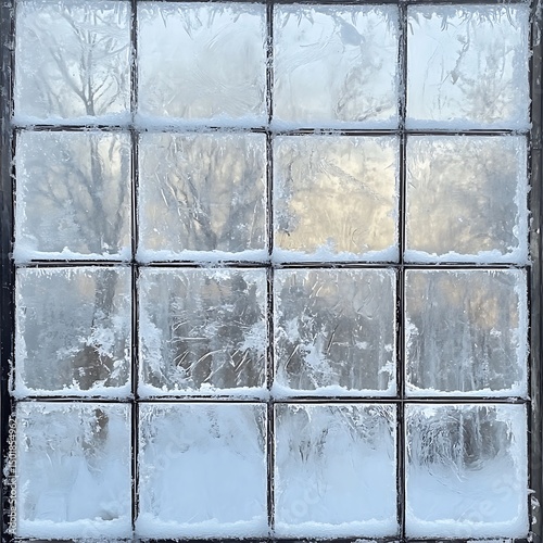 Iced window panes with snow on the window frame.