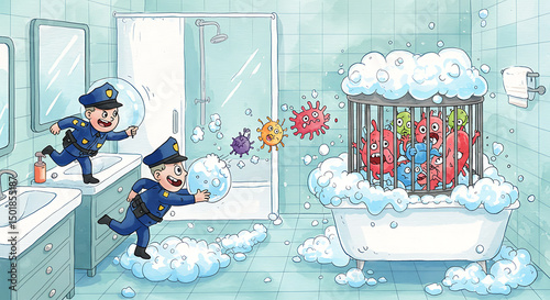 Police Officer Throwing Bubble at Germ in Bathroom