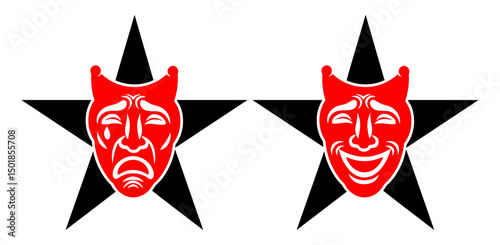tragedy and comedy red theatrical masks with a star shape  illustration set