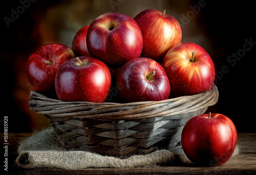 A rustic basket overflowing with vibrant red apples showcases their shiny skins and natural appeal. The dark background highlights their rich colors, creating a warm, inviting atmosphere.