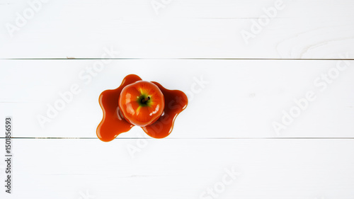 Fresh apple with caramel drizzled on white wooden surface