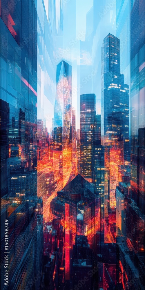 Obraz premium Abstract Cityscape Double Exposure Modern Architecture Urban Skyline