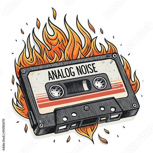 A melting cassette tape engulfed in flames, emitting analog noise; a distressed banner with the words "bla" partially visible.  Focus on the texture and chaotic energy.