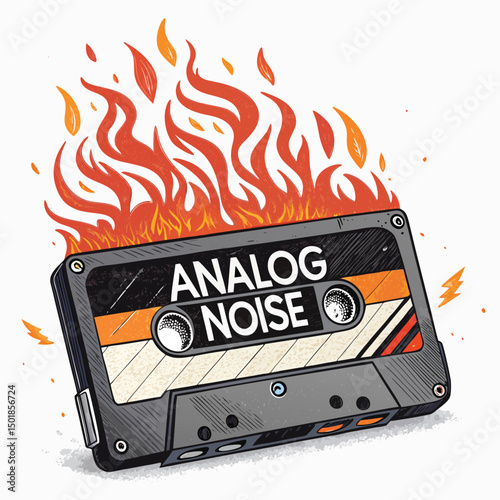 A melting cassette tape engulfed in flames, emitting analog noise; a banner with "BLA" partially visible amidst the fire and smoke.