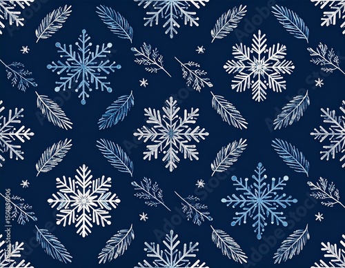 Seamless Snowflake Pattern on Dark Blue