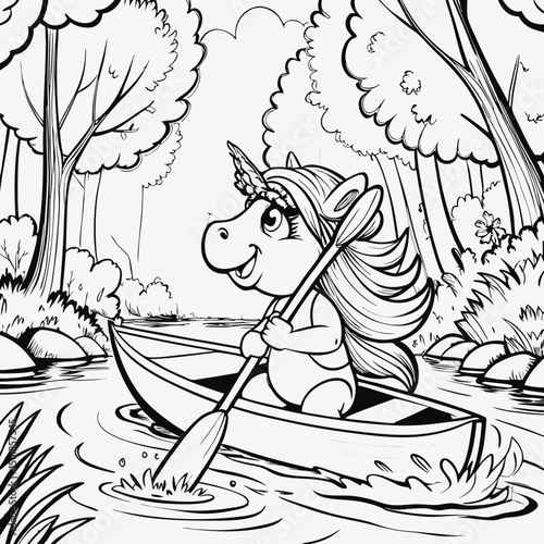 Cute cartoon unicorn paddling a boat on a peaceful river in a forest scene