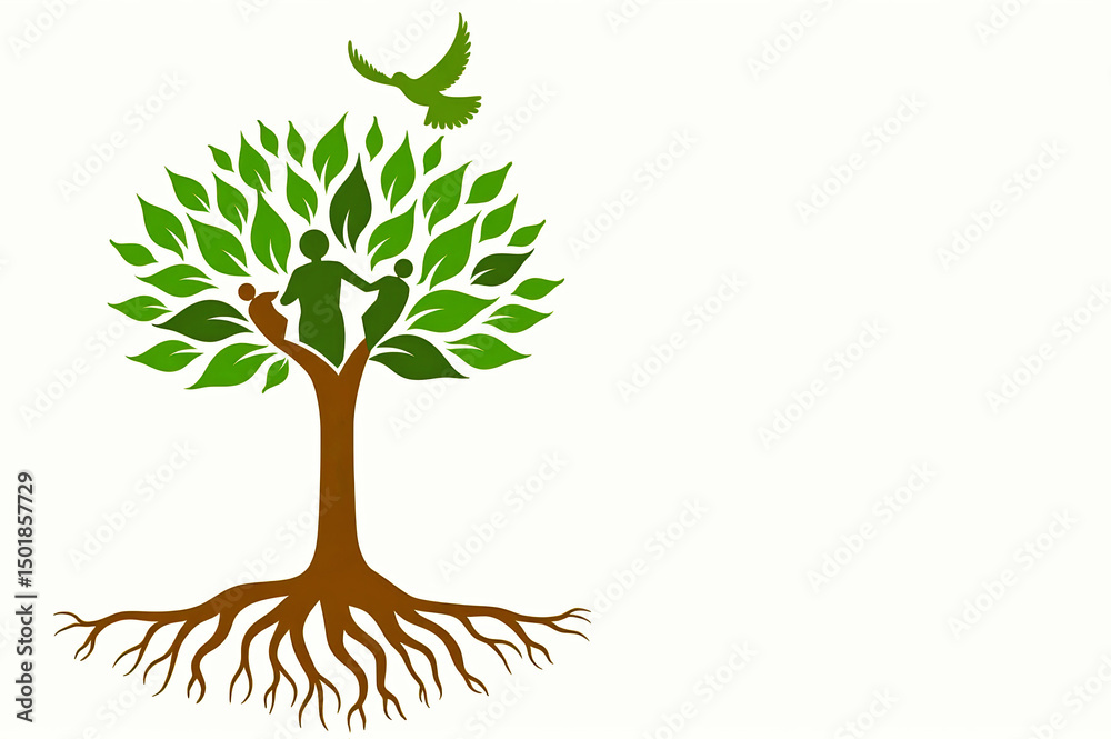 Fototapeta premium Family tree concept with human figures and bird in green leaf design
