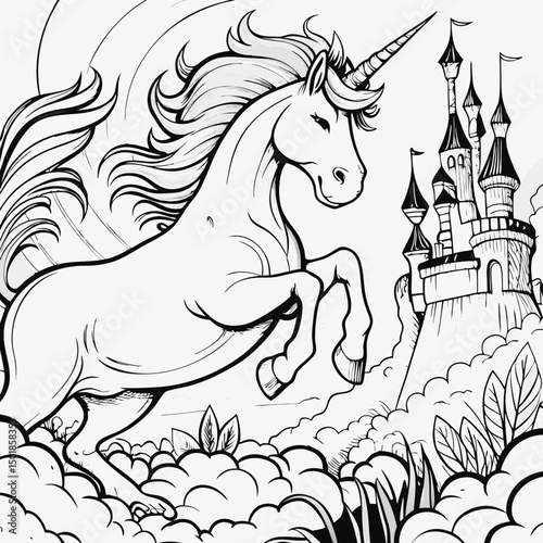 Majestic unicorn prancing near a fairytale castle in detailed black and white artwork