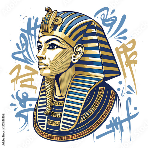A detailed image of Tutankhamun's bust defaced by vibrant, modern urban graffiti art; contrasting ancient Egyptian royalty with contemporary street art.