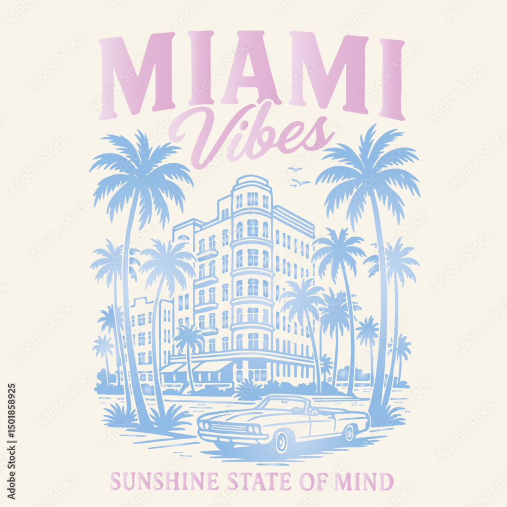 Miami beach vibes print design. palm tree t-shirt design. summer graphics print vintage artwork.  womens graphic design. miami vibes beach tee for Resort vibes.