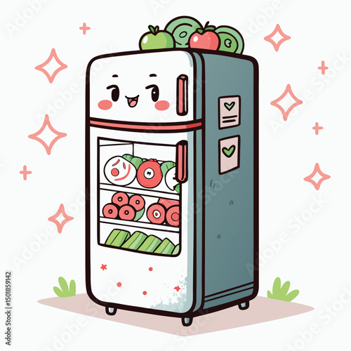 A cute, grey, pastel green kawaii refrigerator overflowing with wilted, decaying dream-like objects; a melancholic, whimsical depiction of unrealized aspirations.