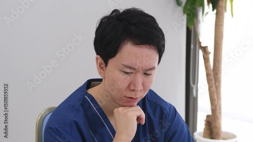 困り顔で悩み中の医療従事者のアジア人男性