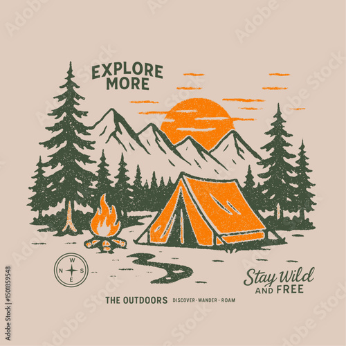 Mountain camping artwork.  outside vector print design for t shirt sweatshirt. autumn winter graphics. screen print tee vector. wild and free slogan text print. sunset in the mountaun forest.