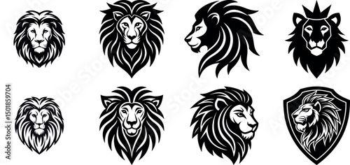 Detailed Collection of Eight Vector Illustrations of Lion Heads and Faces in Various Stylish Designs