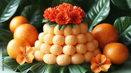 Vibrant smoothie bowl garnished edible flower placed atop broad tropical leaf Ultra detailed texture hyper realistic fruit detail cinematic lighting high fidelity depth Golden ratio composition soft photo