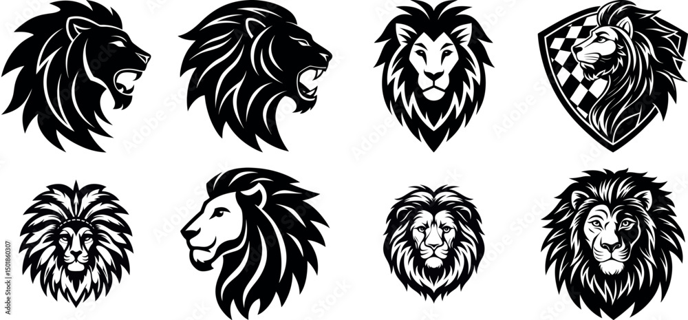 Fototapeta premium Collection of majestic lion head vector illustrations in various styles for logos, emblems, and branding