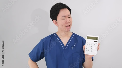 困り顔で電卓を持つ医療従事者の悩み男性