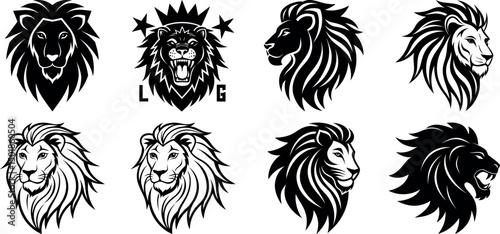 Collection of eight distinct, black and white vector lion heads in various styles and expressions, perfect for logo design