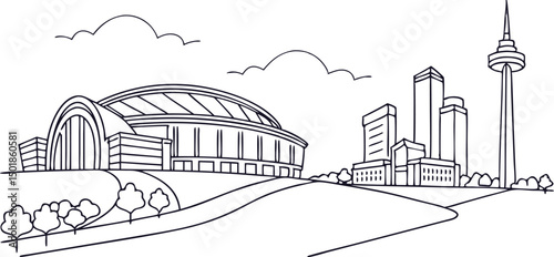 A minimalist line drawing of the Arlington skyline, showcasing AT&T Stadium and Globe Life Field in a sleek, continuous-line style.