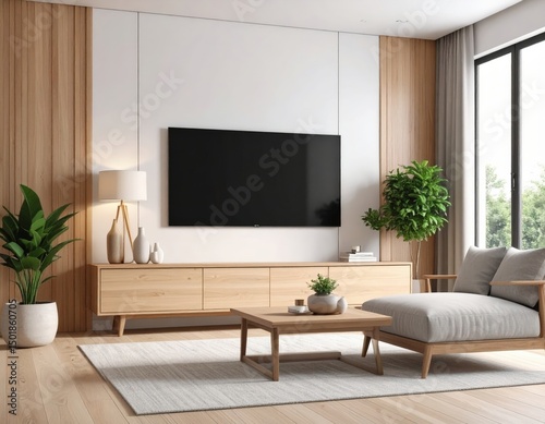 Modern living room with wood paneling minimalist furniture and natural light